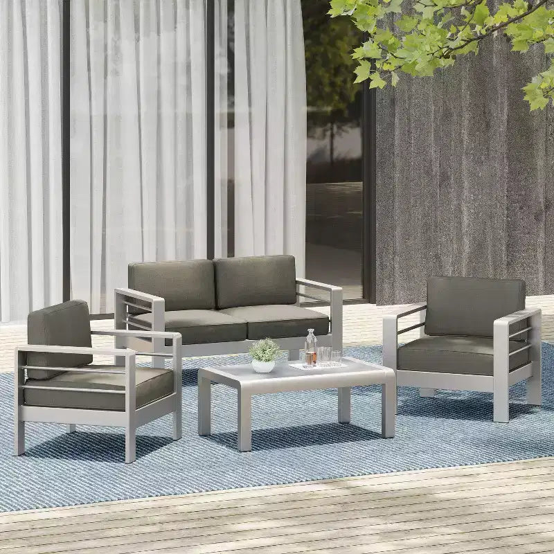 Cape Coral 4pc Cast Aluminum Patio Loveseat Set with Cushions - Silver - Christopher Knight Home: Modern Design, Water-Resistant