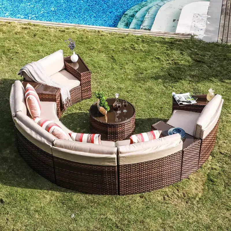 Sunsitt Canapé d'extérieur 11 pièces en rotin demi-lune avec 4 tables d'appoint et coussins, marron