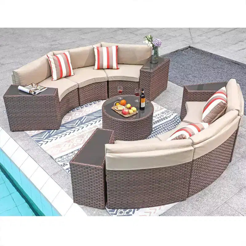 Sunsitt Canapé d'extérieur 11 pièces en rotin demi-lune avec 4 tables d'appoint et coussins, marron