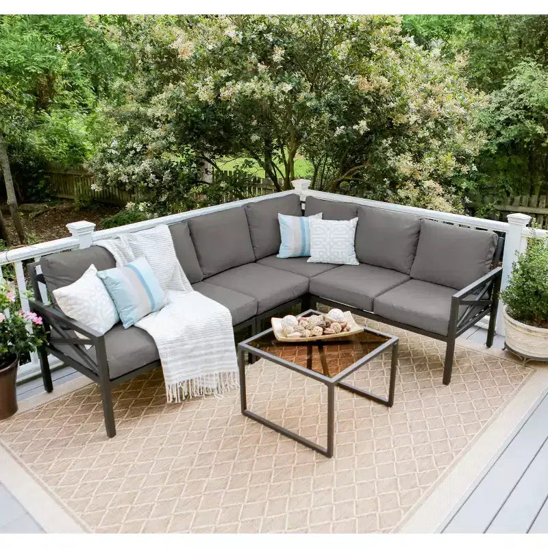 Canapé d'angle 5 pièces en aluminium et tissu gris Leisure Made Blakely