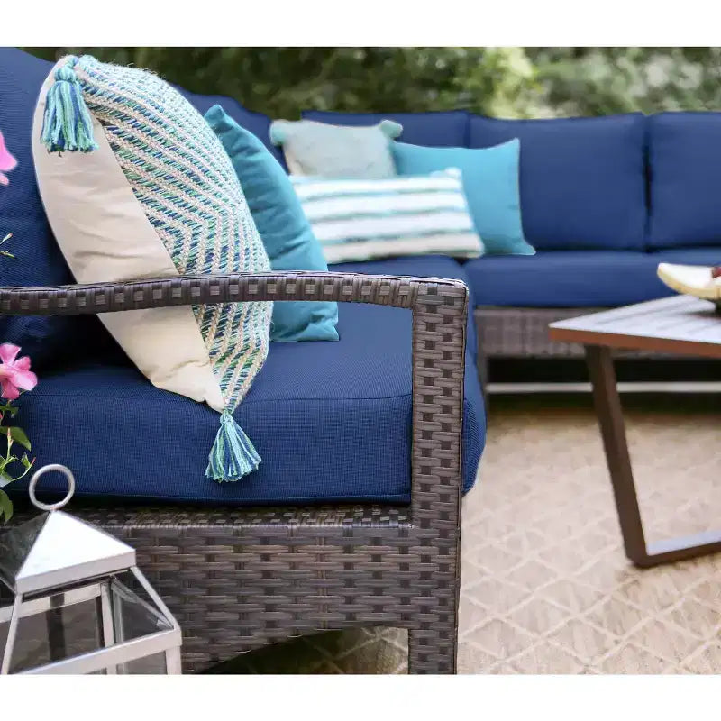 Canapé d'angle en osier 5 pièces Leisure Made Augusta avec tissu bleu marine