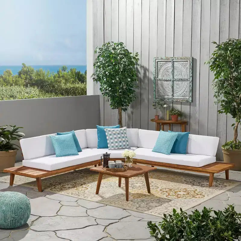 Christopher Knight Home Adelia Canapé d'angle en acacia en V pour l'extérieur à 5 places avec coussins