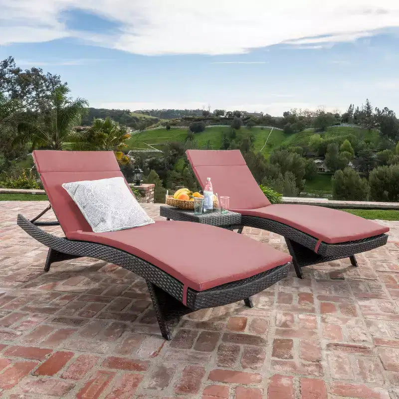 GDFStudio Olivia Ensemble de conversation 3 pièces en osier sans accoudoirs avec chaises longues pliantes et coussins