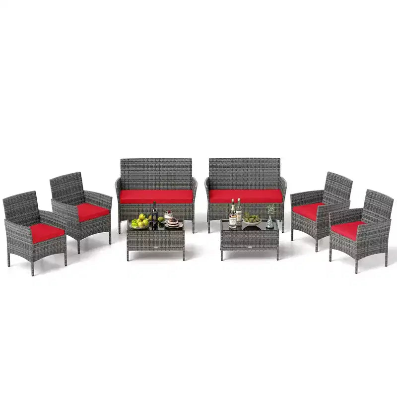 Ensemble de mobilier de patio Costway 8 pièces avec coussins lavables et table basse en verre trempé