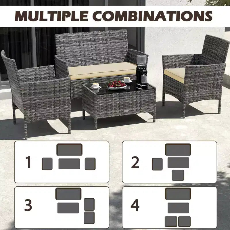 Ensemble de mobilier de patio Costway 8 pièces avec coussins lavables et table basse en verre trempé