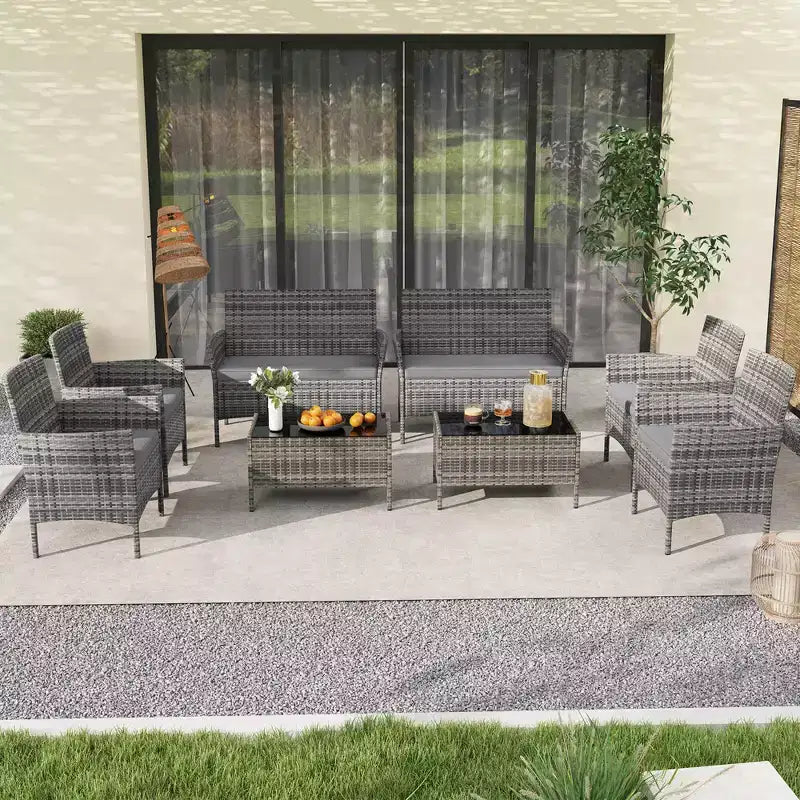 Ensemble de mobilier de patio Costway 8 pièces avec coussins lavables et table basse en verre trempé