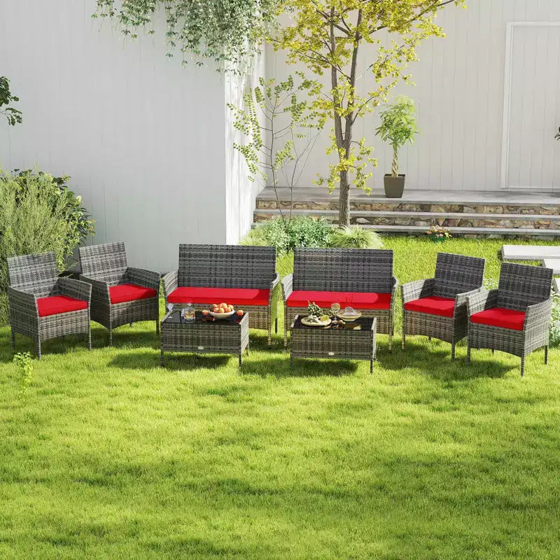 Ensemble de mobilier de patio Costway 8 pièces avec coussins lavables et table basse en verre trempé