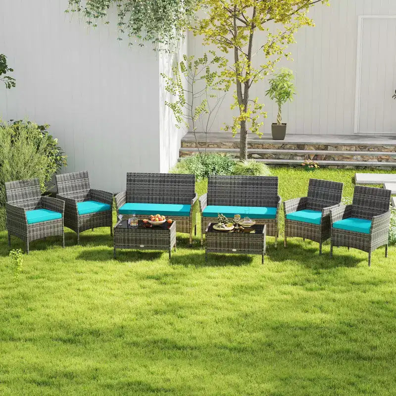 Ensemble de mobilier de patio Costway 8 pièces avec coussins lavables et table basse en verre trempé