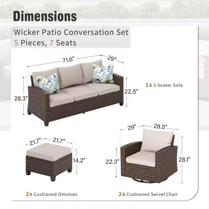 Captiva Designs Ensemble de conversation 5 pièces en rotin tressé pour terrasse extérieure avec chaises rembourrées pour jardin, bord de piscine, arrière-cour