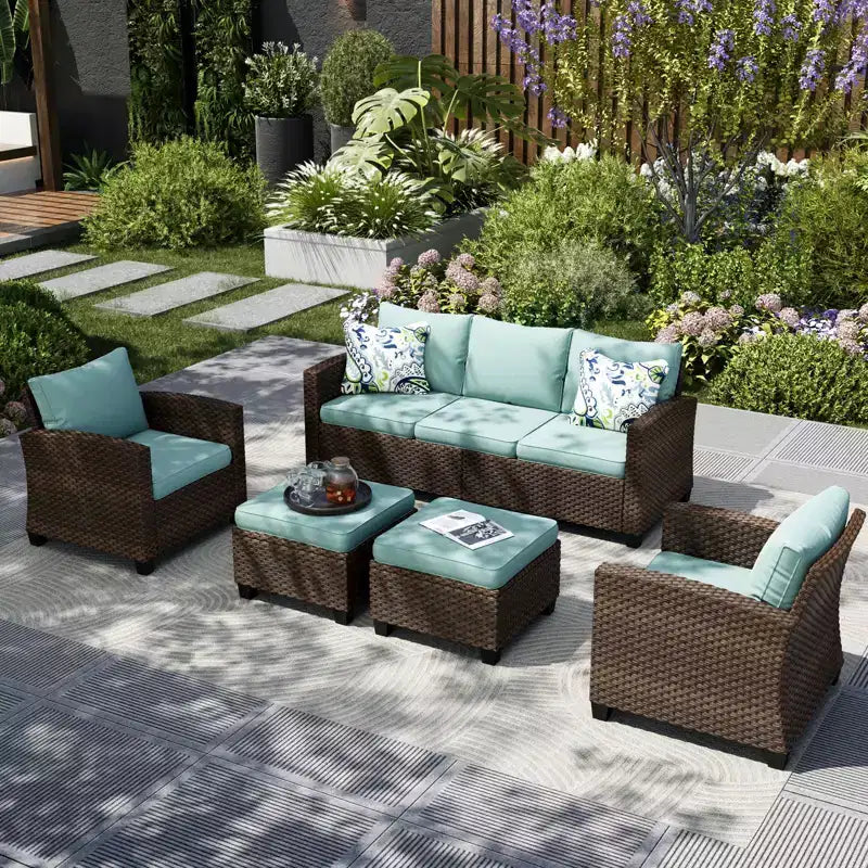 Captiva Designs Ensemble de conversation 5 pièces en rotin tressé pour terrasse extérieure avec chaises rembourrées pour jardin, bord de piscine, arrière-cour