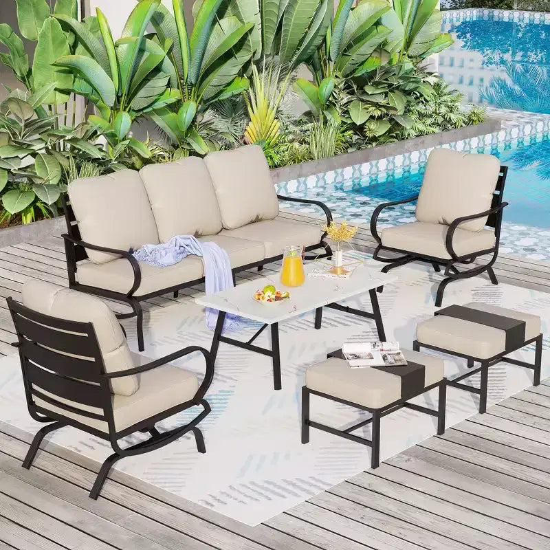 Captiva Designs 6pc Metal Patio Furniture Conversation Set with Rocking Chairs and Ottomans for Garden Porch Backyard