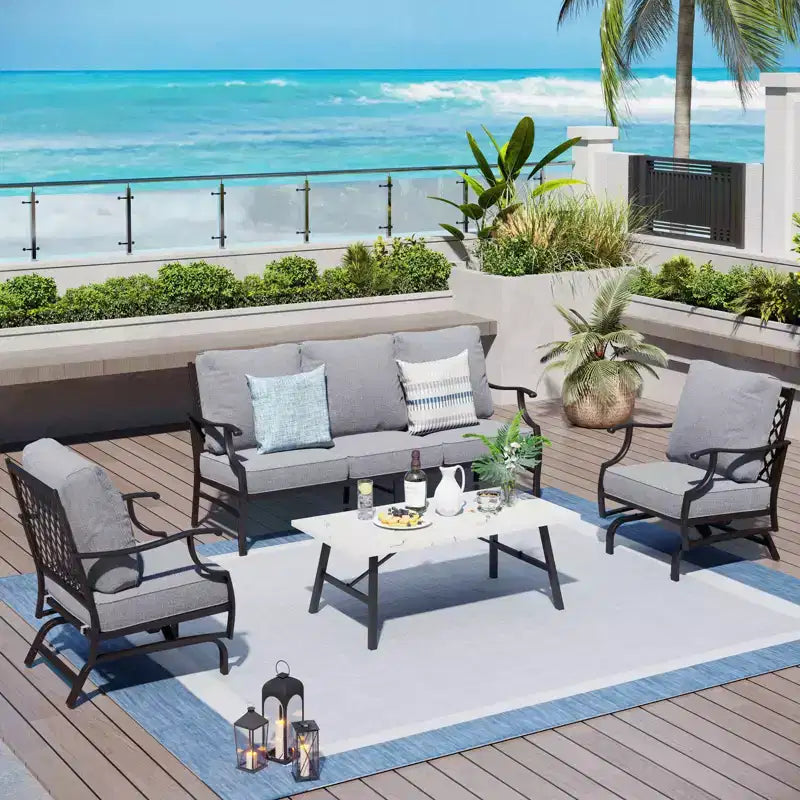 Captiva Designs Ensemble de conversation d'extérieur 4 pièces avec fauteuils à bascule à dossier quadrillé pour jardin, bord de piscine, arrière-cour