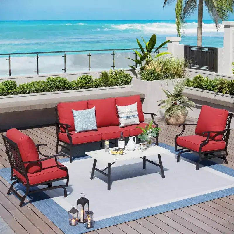Captiva Designs Ensemble de conversation d'extérieur 4 pièces avec fauteuils à bascule à dossier quadrillé pour jardin, bord de piscine, arrière-cour