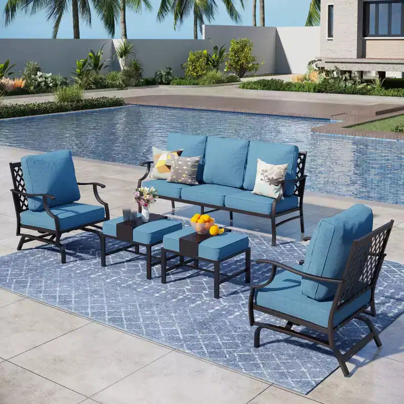 Captiva Designs Salon de jardin 5 pièces en métal avec chaises à bascule à dossier quadrillé et poufs
