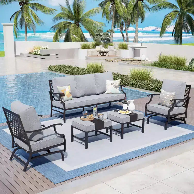 Captiva Designs Salon de jardin 5 pièces en métal avec chaises à bascule à dossier quadrillé et poufs