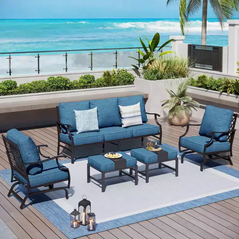Captiva Designs Salon de jardin 5 pièces en métal avec chaises à bascule à dossier quadrillé et poufs