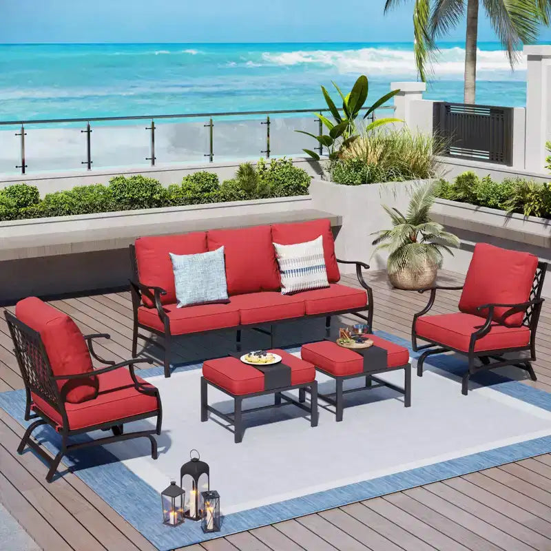 Captiva Designs Salon de jardin 5 pièces en métal avec chaises à bascule à dossier quadrillé et poufs