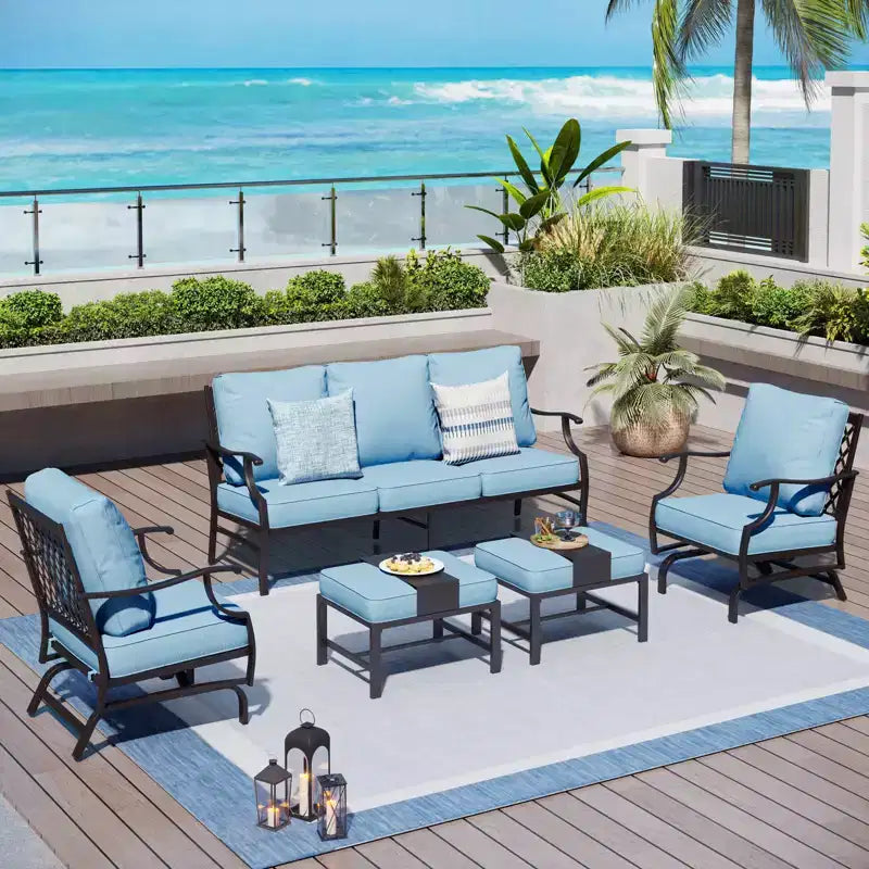 Captiva Designs Salon de jardin 5 pièces en métal avec chaises à bascule à dossier quadrillé et poufs