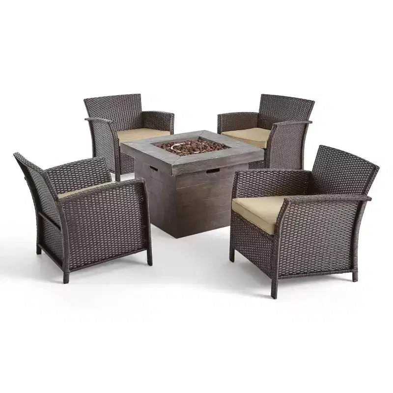 Christopher Knight Home Raina Outdoor Wicker 5 Piece Club Chair and Fire Pit Set with Cushion