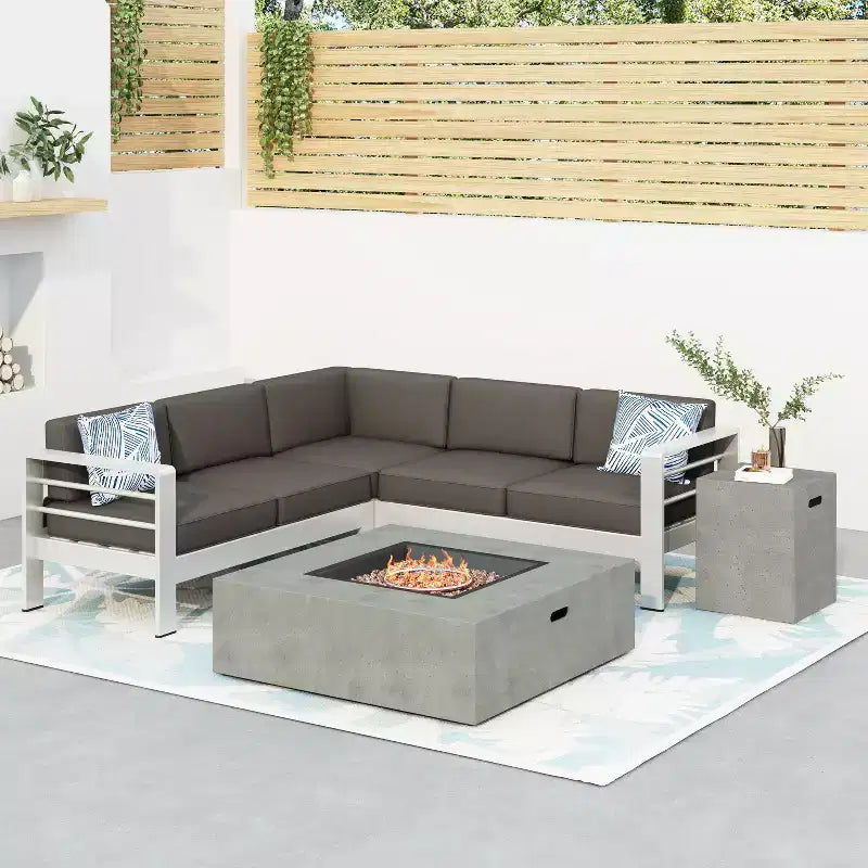 Canapé sectionnel d'extérieur en aluminium 5 pièces GDFStudio Crested Bay avec foyer de 50 000 BTU