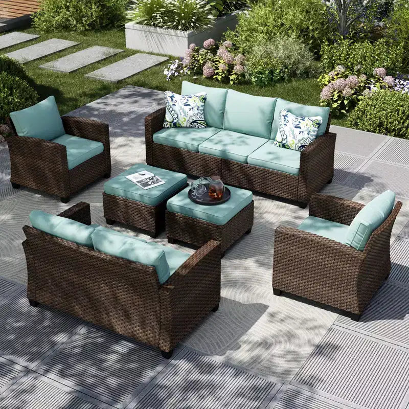 Captiva Designs Ensemble de conversation 6 pièces en osier pour terrasse extérieure avec causeuse coussinée pour jardin, piscine, arrière-cour