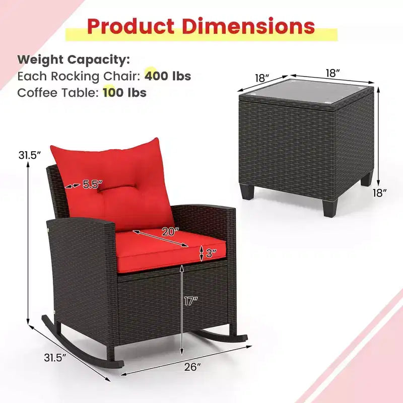 Costway Ensemble de 3 pièces de chaises à bascule en osier pour patio avec table en verre trempé et coussins moelleux Extérieur Beige/Bleu marine/Noir/Rouge