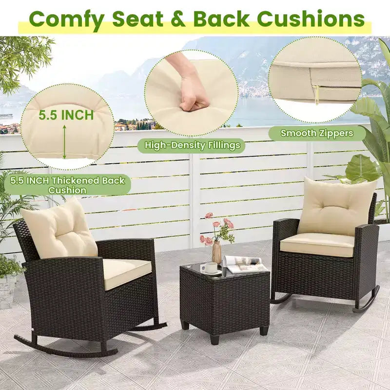 Costway Ensemble de 3 pièces de chaises à bascule en osier pour patio avec table en verre trempé et coussins moelleux Extérieur Beige/Bleu marine/Noir/Rouge