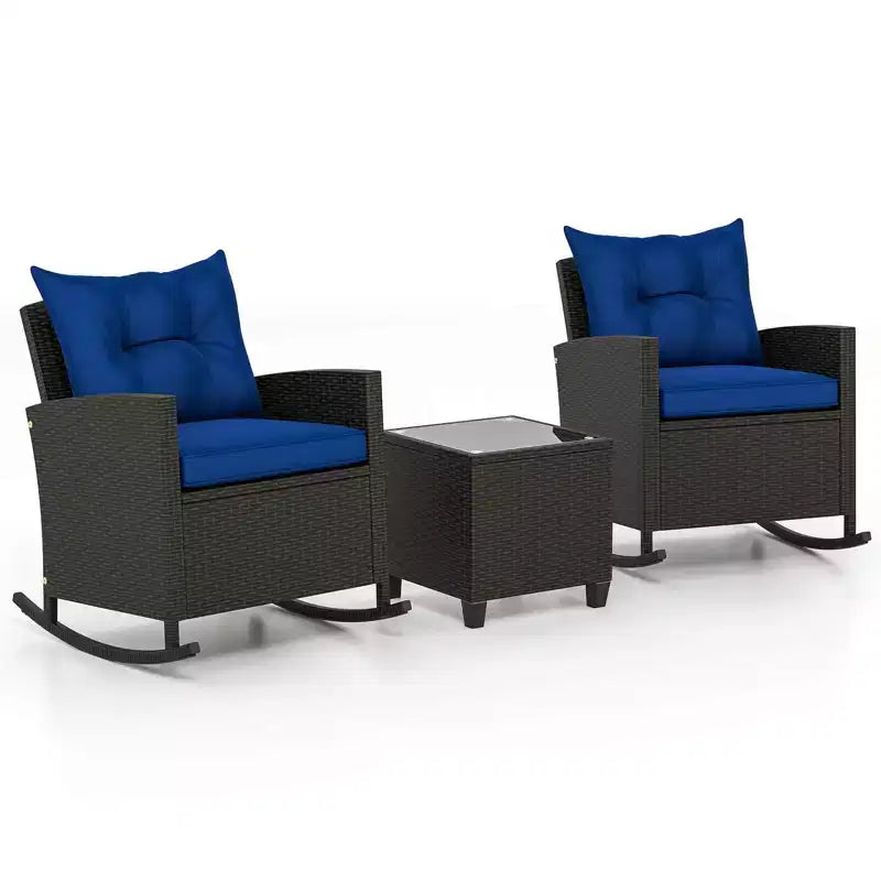 Costway Ensemble de 3 pièces de chaises à bascule en osier pour patio avec table en verre trempé et coussins moelleux Extérieur Beige/Bleu marine/Noir/Rouge