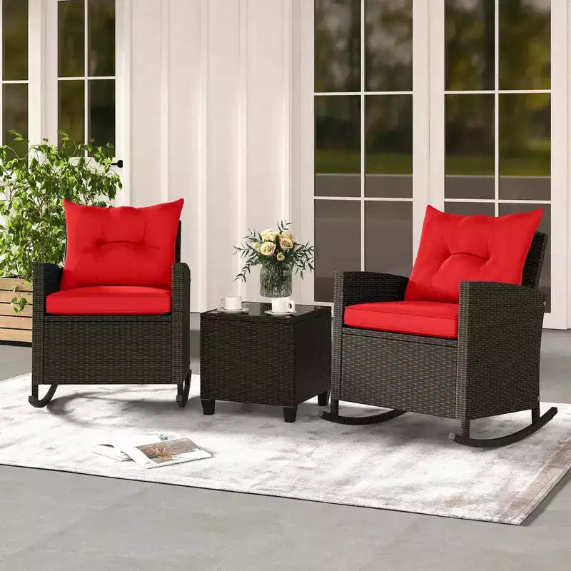 Costway Ensemble de 3 pièces de chaises à bascule en osier pour patio avec table en verre trempé et coussins moelleux Extérieur Beige/Bleu marine/Noir/Rouge