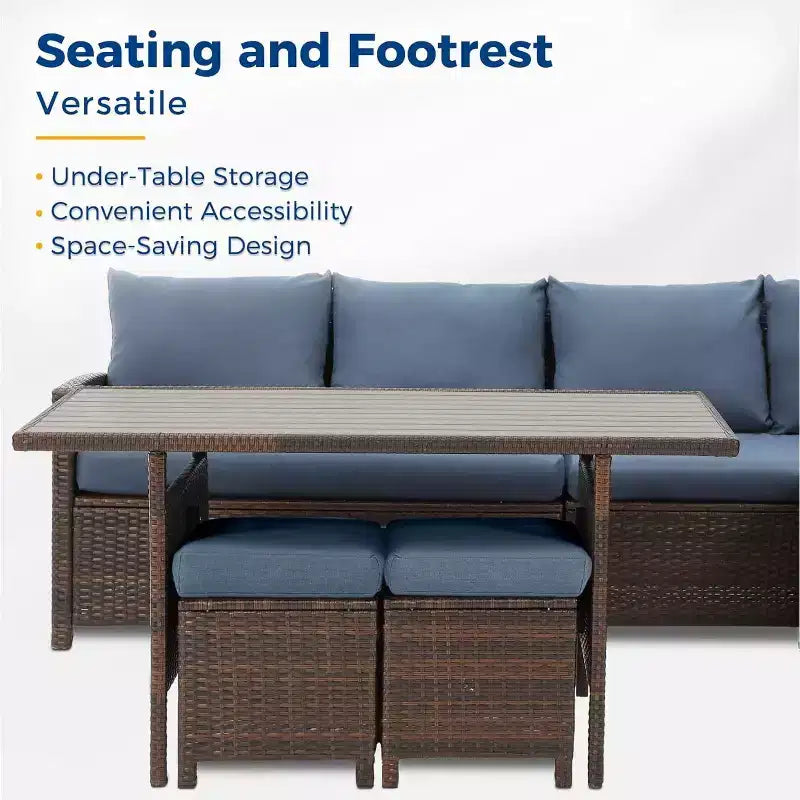 Ensemble de mobilier de jardin 7 pièces Heynemo avec table à manger et chaises, ensemble de conversation en osier tout temps avec pouf, mobilier d'extérieur à dossier haut incurvé