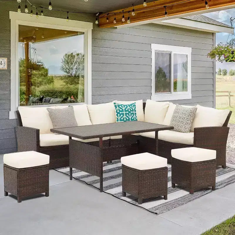 Ensemble de mobilier de jardin 7 pièces Heynemo avec table à manger et chaises, ensemble de conversation en osier tout temps avec pouf, mobilier d'extérieur à dossier haut incurvé