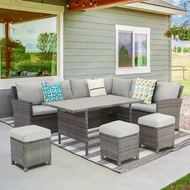 Ensemble de mobilier de jardin 7 pièces Heynemo avec table à manger et chaises, ensemble de conversation en osier tout temps avec pouf, mobilier d'extérieur à dossier haut incurvé