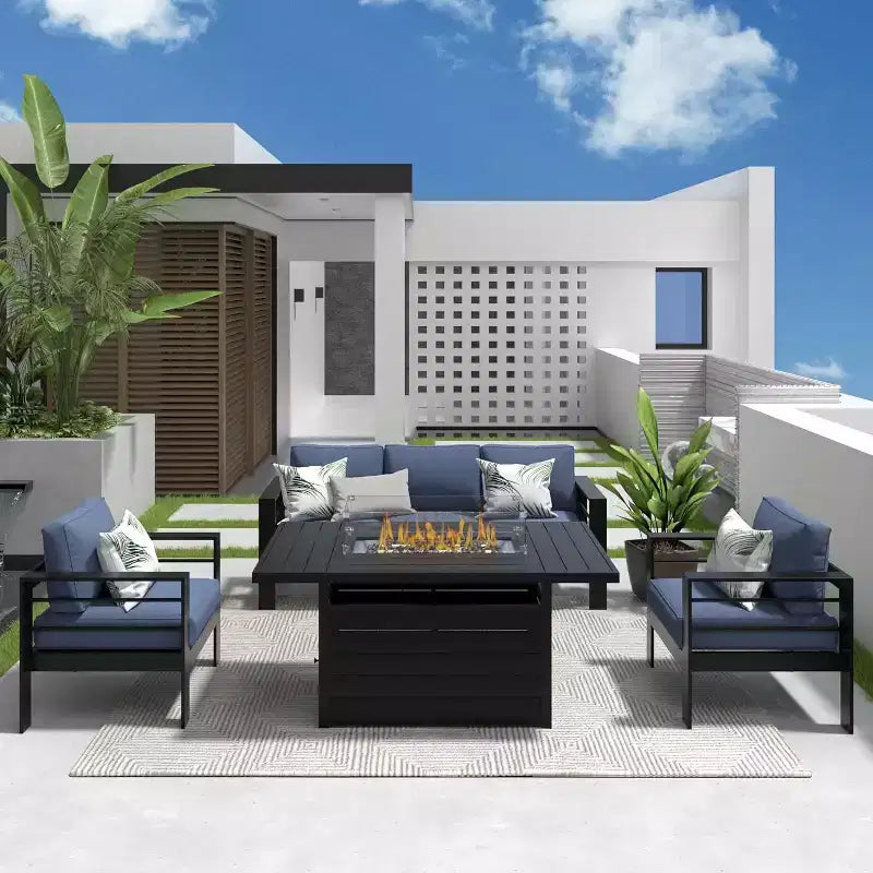 Ensemble de mobilier de jardin en aluminium Heynemo avec table brasero, mobilier d'extérieur en métal 4 pièces avec coussins pour jardin