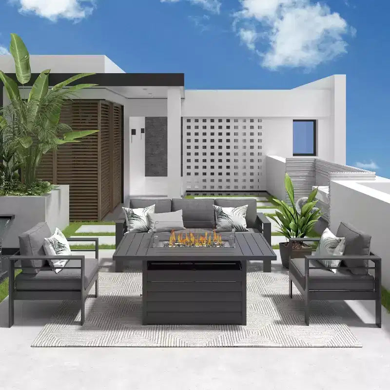 Ensemble de mobilier de jardin en aluminium Heynemo avec table brasero, mobilier d'extérieur en métal 4 pièces avec coussins pour jardin
