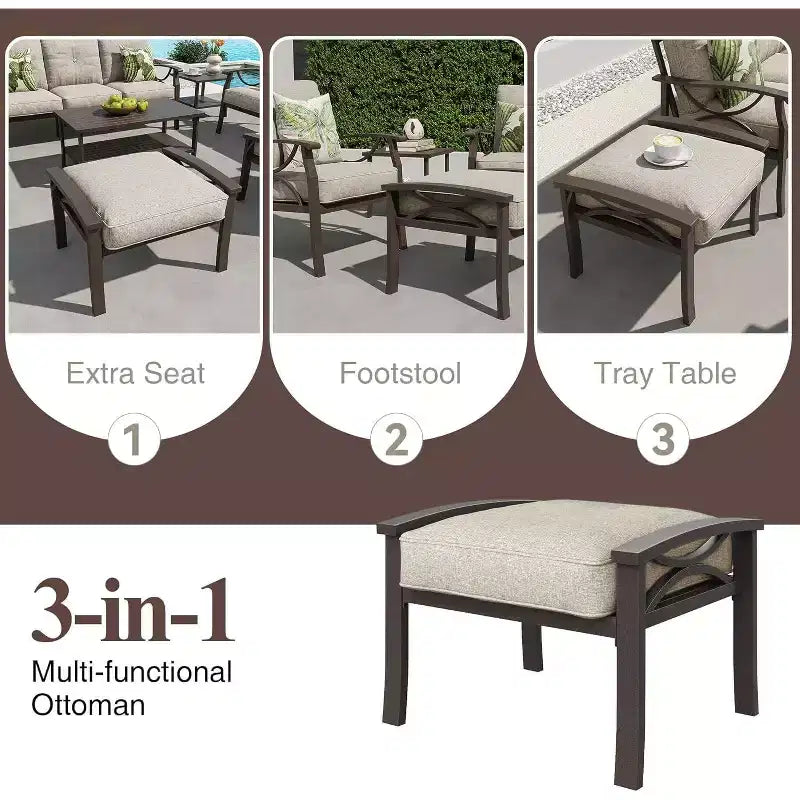 Heynemo Salon de Jardin Extérieur, Ensemble de Conversation de 8 Pièces avec Table Basse, Table d'Appoint et Poufs, Mobilier de Jardin en Métal pour Porche, Gris