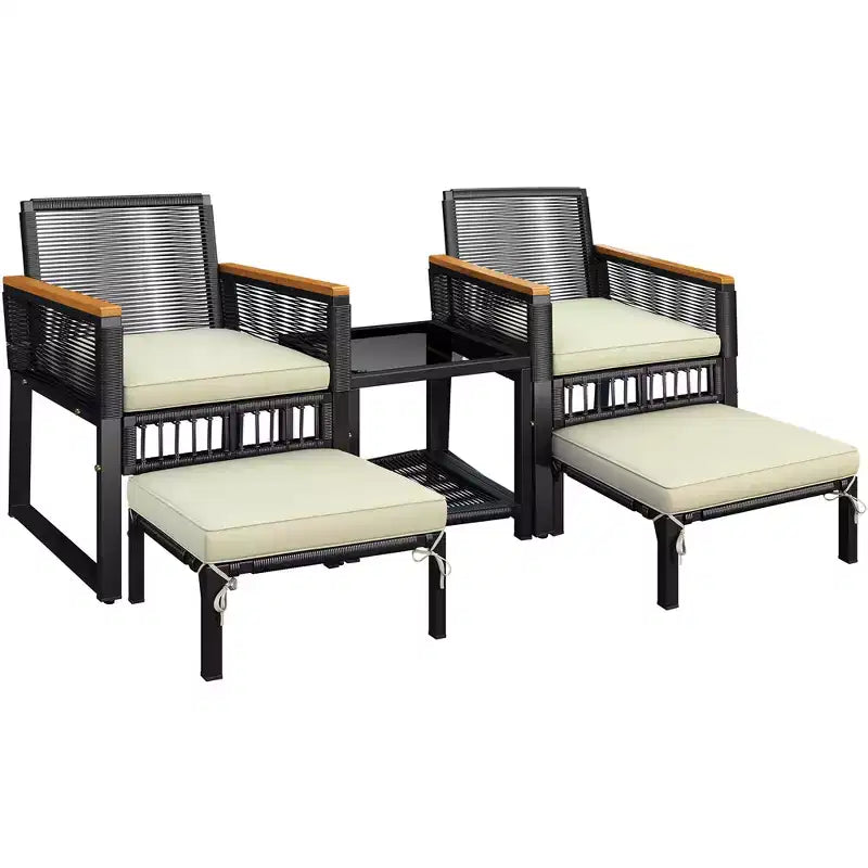 Yaheetech Set of 5 Wicker Rattan Patio Conversation Set with Chairs Table, Ottomans and Cushions for Garden, Balcony