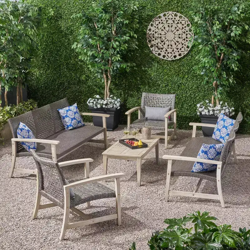 Christopher Knight Home Savannah Ensemble de conversation 8 places en bois d'acacia et osier d'extérieur