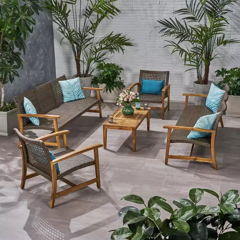 Christopher Knight Home Savannah Ensemble de conversation 8 places en bois d'acacia et osier d'extérieur