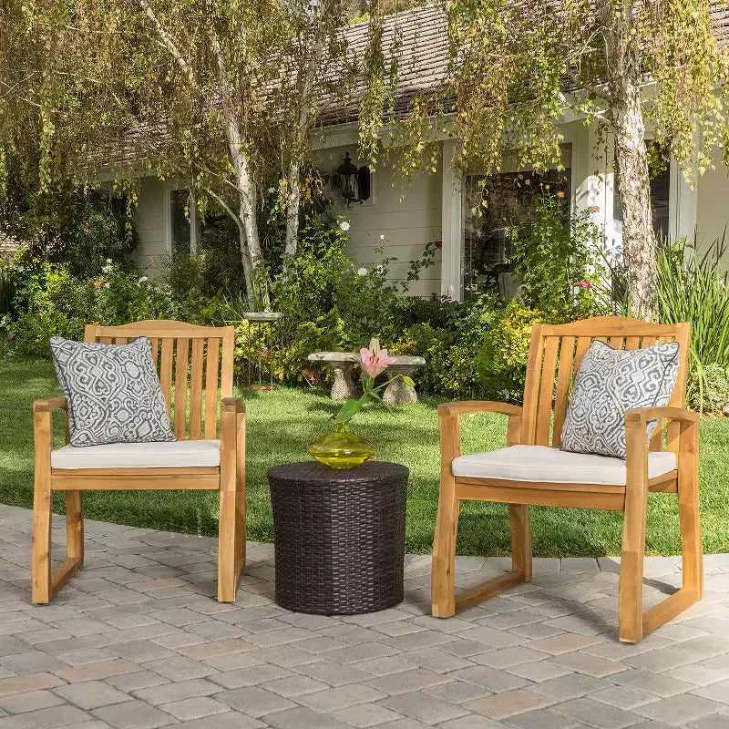 GDFStudio Croxton Outdoor Wicker and Acacia Wood 3 Piece Chat Set with Cushion, Multibrown/Beige