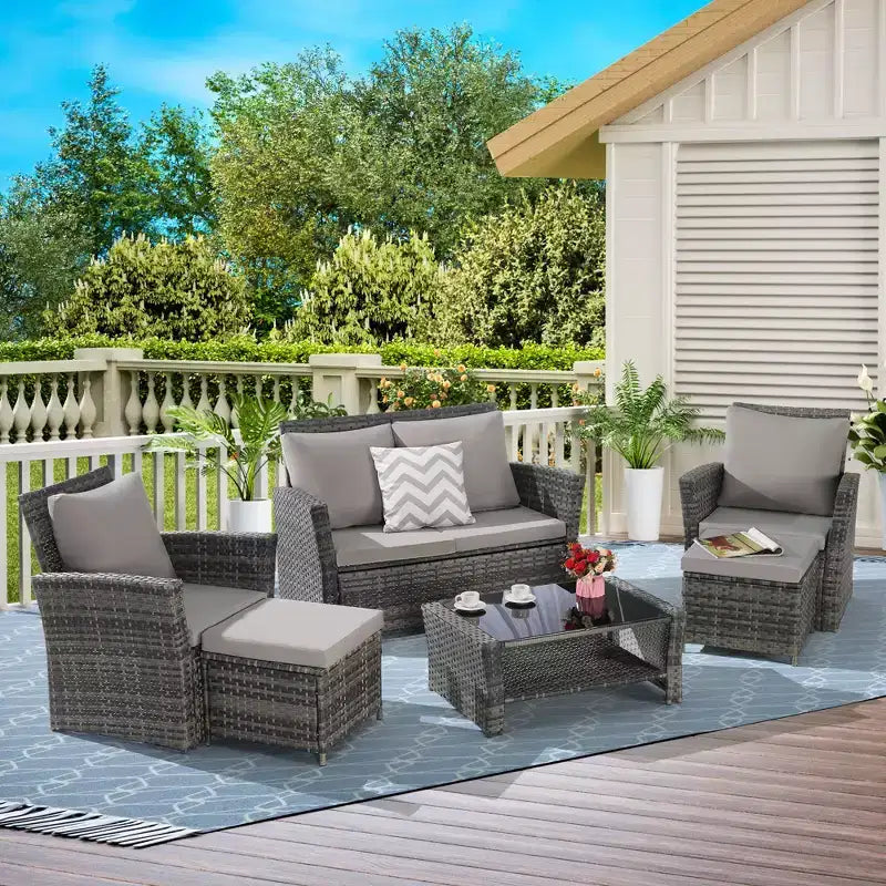 6 Piece Wicker Patio Furniture Sets with Ottoman and Tempered Glass Coffee Table