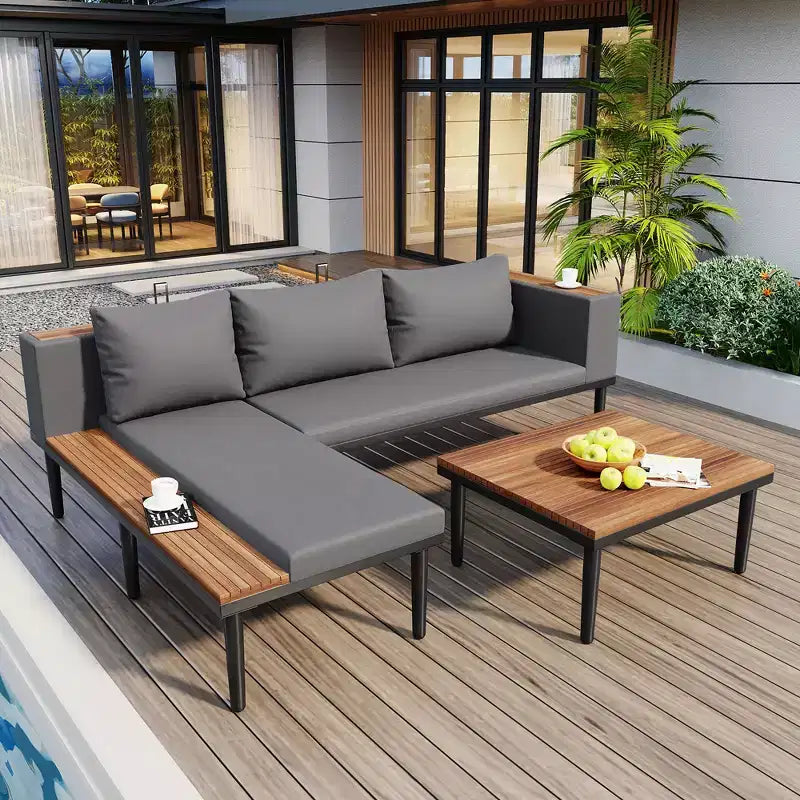 Ensemble de canapé d'extérieur en bois d'acacia en forme de L avec table basse et coussins amovibles – Meubles de patio pour jardin, véranda