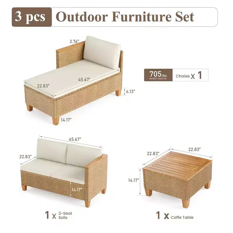 Captiva Designs Salon de conversation 3 pièces en osier pour patio avec table basse à plateau en bois