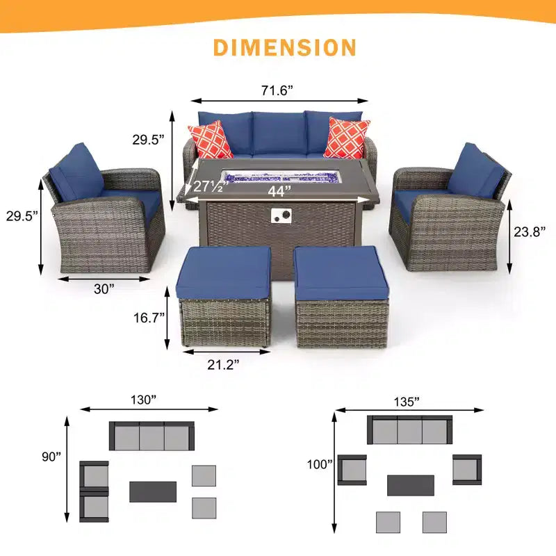 Ensemble de meubles de jardin EROMMY 7 places en osier/rotin avec table brasero