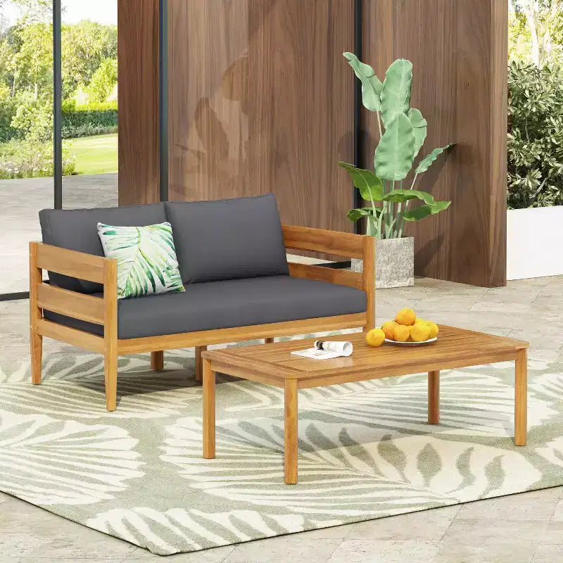 Christopher Knight Home Jacinda Loveseat et table basse d'extérieur rustiques rembourrés avec panneaux à lattes