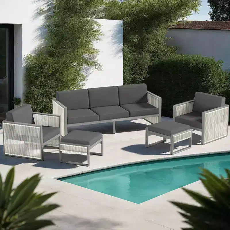 Ensemble de meubles de patio Bestier, 5 pièces, ensemble de conversation en osier pour jardin, ensemble de canapés d'extérieur avec coussin épais de 4,5 po et pouf, jardin