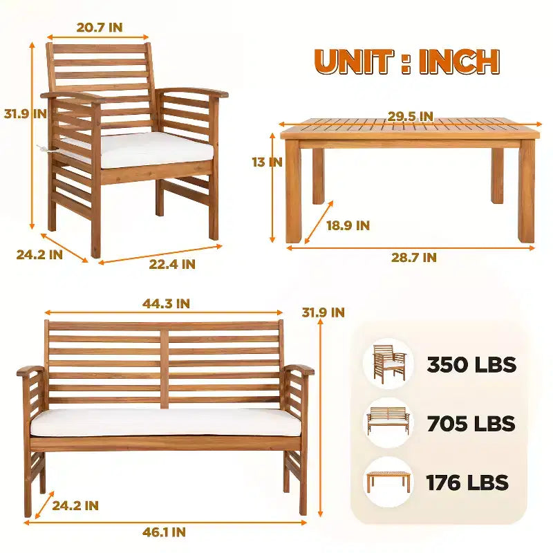 BestMassage Ensembles de conversation de patio extérieur en bois d'acacia, ensemble de canapé de patio extérieur en bois d'acacia, naturel