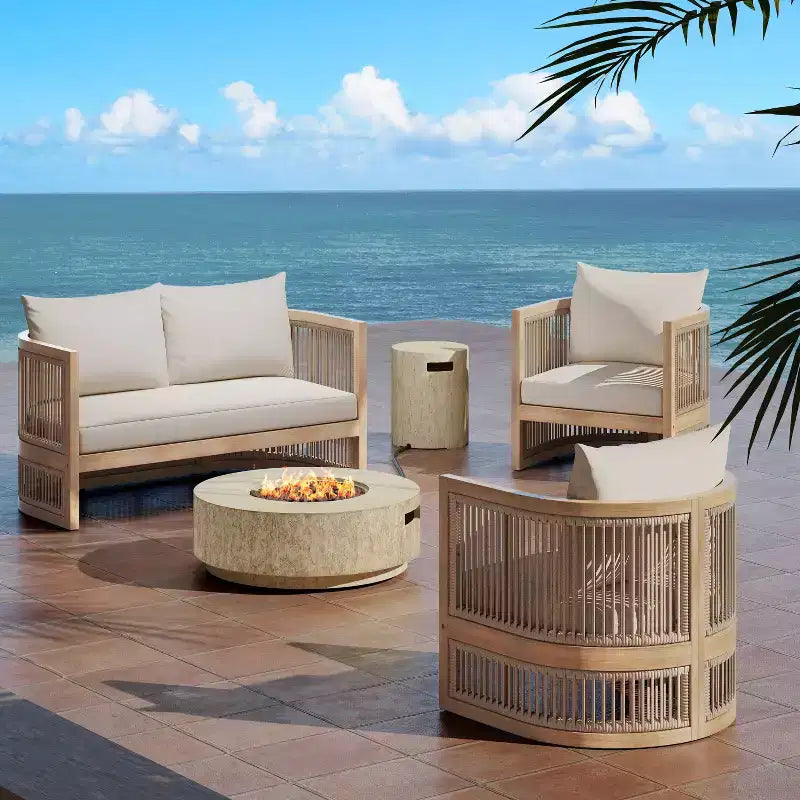 Christopher Knight Home Joplin Salon de jardin d'extérieur 5 pièces en bois d'acacia et corde avec coussins et foyer rond