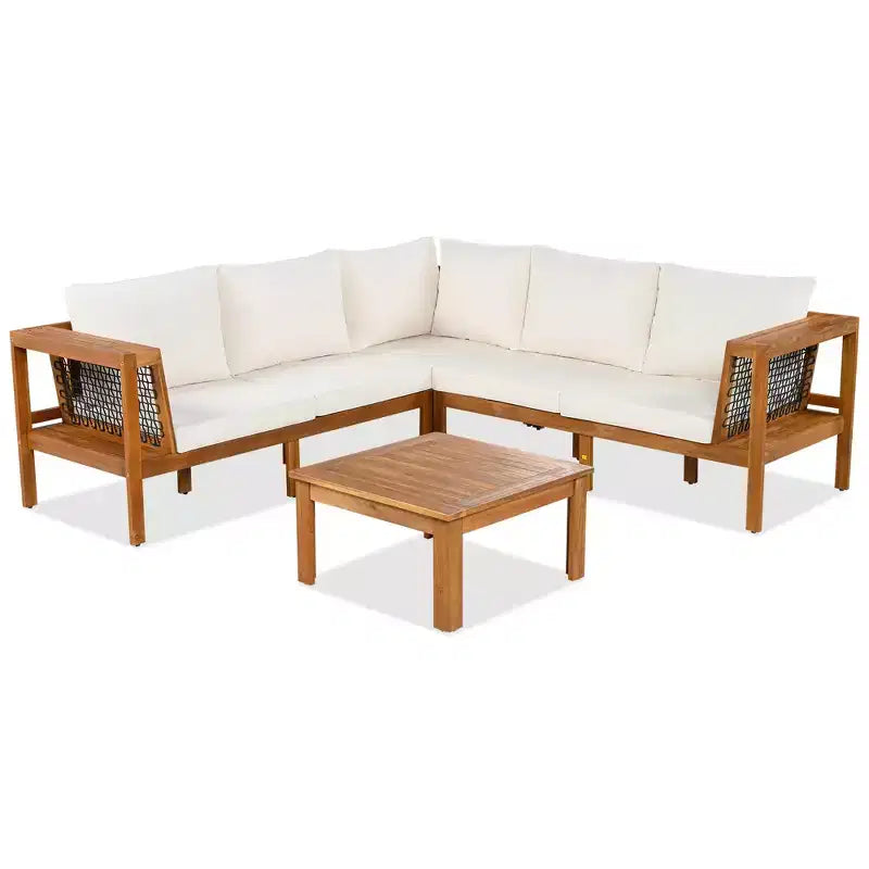 Ensemble de canapés de jardin 4 pièces en bois d'acacia Merax avec table basse et pieds réglables