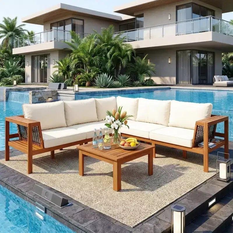 Ensemble de canapés de jardin 4 pièces en bois d'acacia Merax avec table basse et pieds réglables