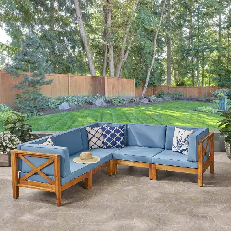 Christopher Knight Home Brava Canapé d'angle d'extérieur 5 places en bois d'acacia avec coussins